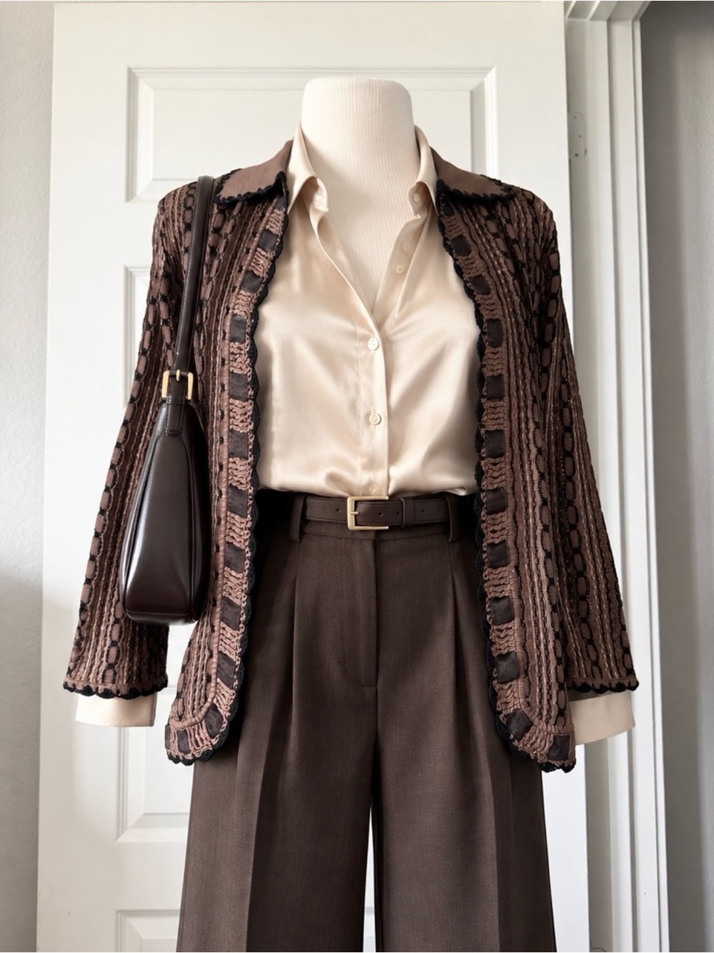 Ming Wang Textured Knit Open Front Jacket / Cardigan - Brown & Black
